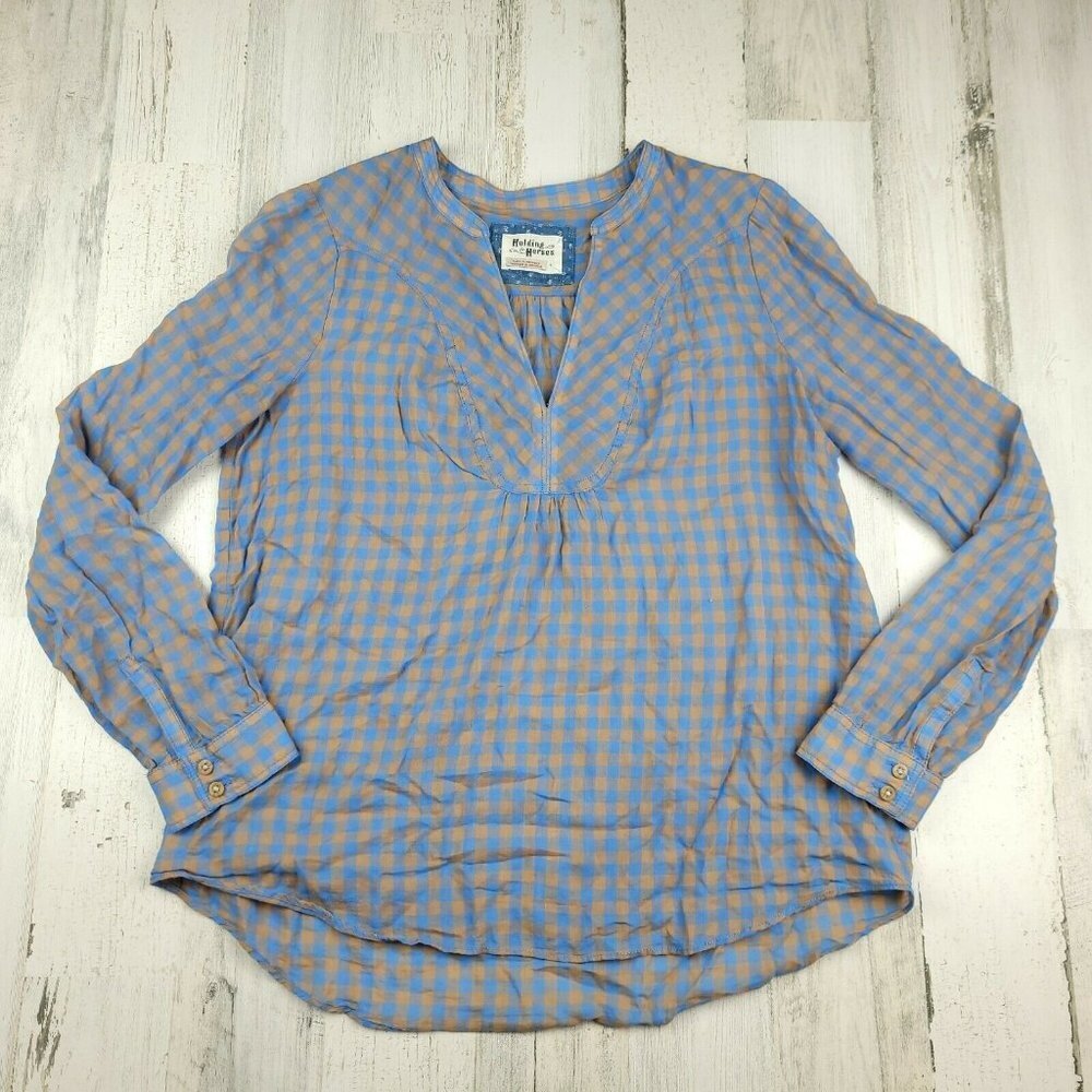 Anthropologie Holding Horses Blue Tan Gingham Plaid V-Neck Long Sleeve Boho Blou